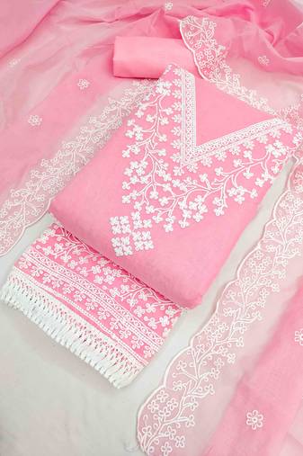 Pink chanderi  embroidered unstitched dressmaterials 3 pair top bottom dupptaa