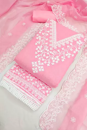 Pink chanderi  embroidered unstitched dressmaterials 3 pair top bottom dupptaa