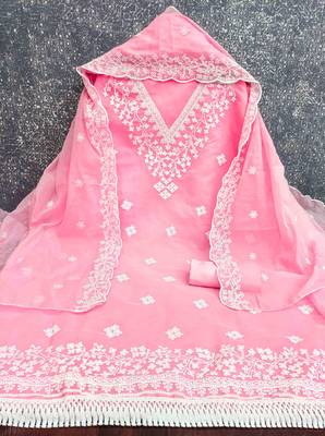 Pink chanderi  embroidered unstitched dressmaterials 3 pair top bottom dupptaa 2