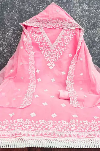 Pink chanderi  embroidered unstitched dressmaterials 3 pair top bottom dupptaa