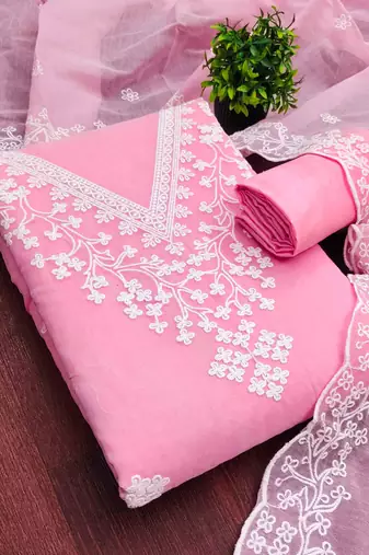 Pink chanderi  embroidered unstitched dressmaterials 3 pair top bottom dupptaa
