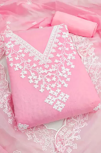 Pink chanderi  embroidered unstitched dressmaterials 3 pair top bottom dupptaa