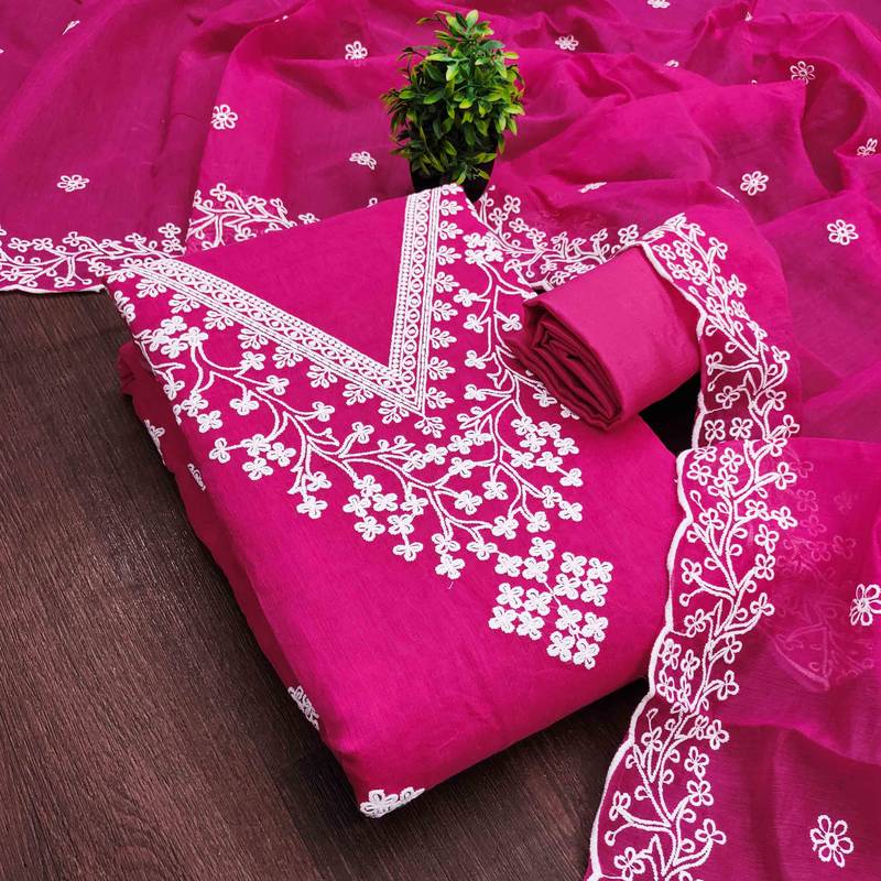 Pink chanderi  embroidered unstitched dressmaterials 3 pair top bottom dupptaa