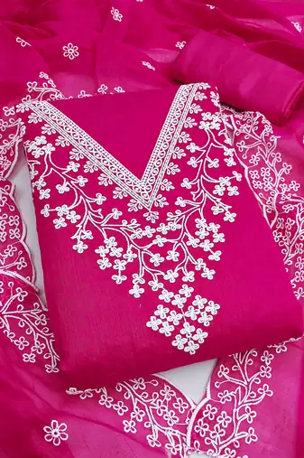 Pink chanderi  embroidered unstitched dressmaterials 3 pair top bottom dupptaa
