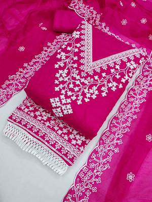 Pink chanderi  embroidered unstitched dressmaterials 3 pair top bottom dupptaa 3