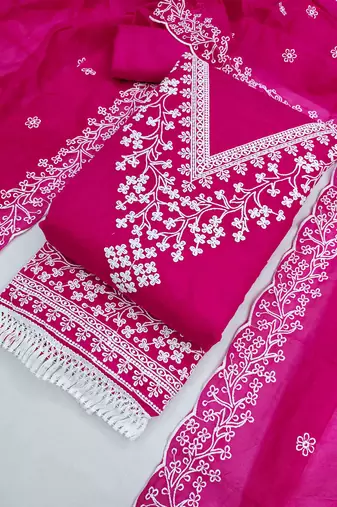 Pink chanderi  embroidered unstitched dressmaterials 3 pair top bottom dupptaa
