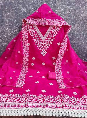 Pink chanderi  embroidered unstitched dressmaterials 3 pair top bottom dupptaa 4