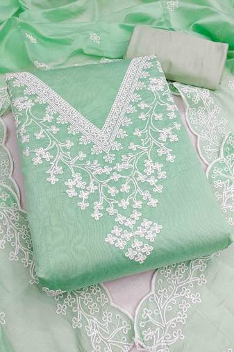 Green chanderi  embroidered unstitched dressmaterials 3 pair top bottom dupptaa