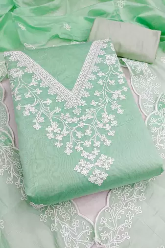 Green chanderi  embroidered unstitched dressmaterials 3 pair top bottom dupptaa
