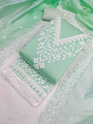Green chanderi  embroidered unstitched dressmaterials 3 pair top bottom dupptaa 2
