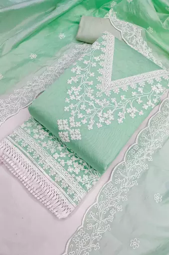 Green chanderi  embroidered unstitched dressmaterials 3 pair top bottom dupptaa