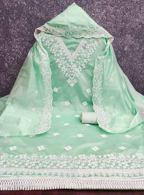 Green chanderi  embroidered unstitched dressmaterials 3 pair top bottom dupptaa 3