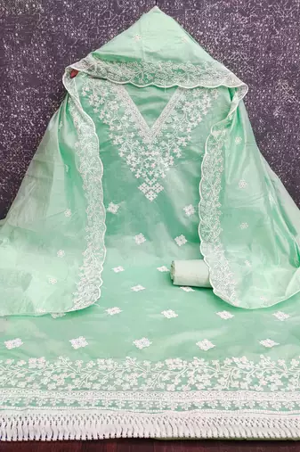 Green chanderi  embroidered unstitched dressmaterials 3 pair top bottom dupptaa