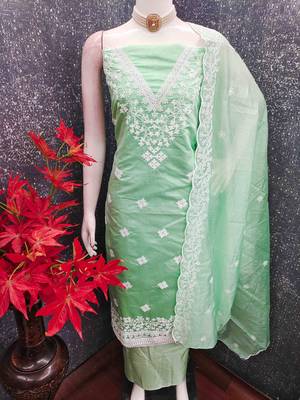 Green chanderi  embroidered unstitched dressmaterials 3 pair top bottom dupptaa 4