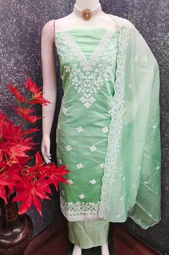 Green chanderi  embroidered unstitched dressmaterials 3 pair top bottom dupptaa