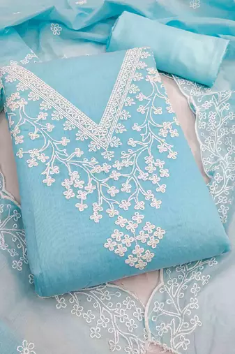 Sky chanderi embroidered unstitched dressmaterials 3 pair top bottom dupptaa