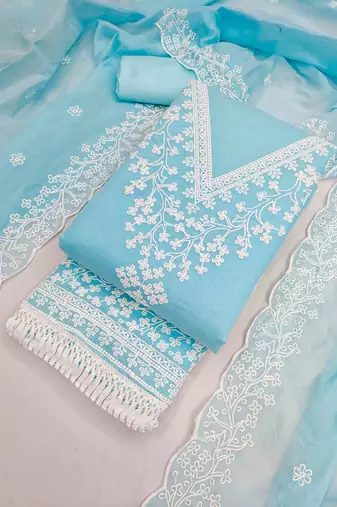 Sky chanderi embroidered unstitched dressmaterials 3 pair top bottom dupptaa