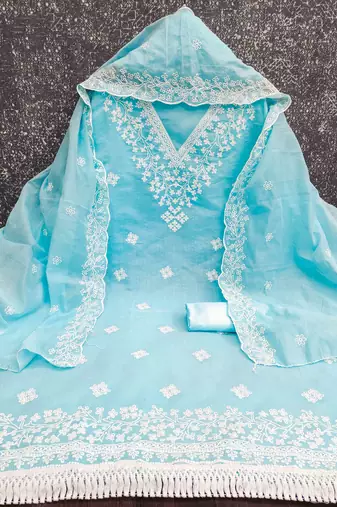 Sky chanderi embroidered unstitched dressmaterials 3 pair top bottom dupptaa