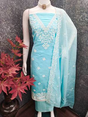 Sky chanderi embroidered unstitched dressmaterials 3 pair top bottom dupptaa 4
