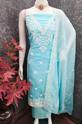 Sky chanderi embroidered unstitched dressmaterials 3 pair top bottom dupptaa