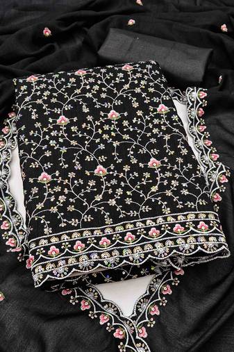 black silk blend embroidered unstitched dressmaterials 3 pair top bottom dupptaa