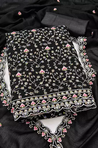 black silk blend embroidered unstitched dressmaterials 3 pair top bottom dupptaa