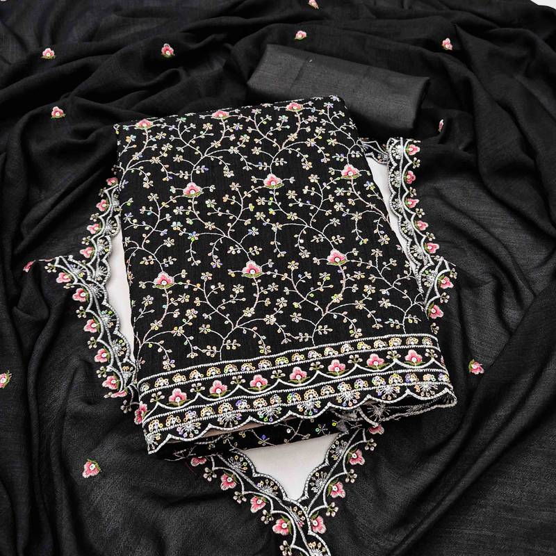 Black silk  embroidered unstitched dressmaterials 3 pair top bottom dupptaa
