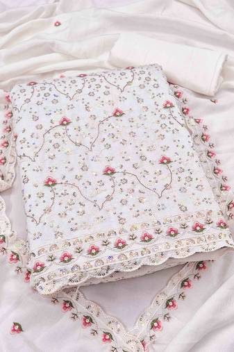white silk blend embroidered unstitched dressmaterials 3 pair top bottom dupptaa