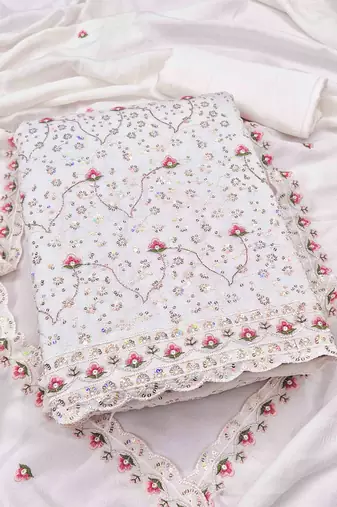white silk blend embroidered unstitched dressmaterials 3 pair top bottom dupptaa