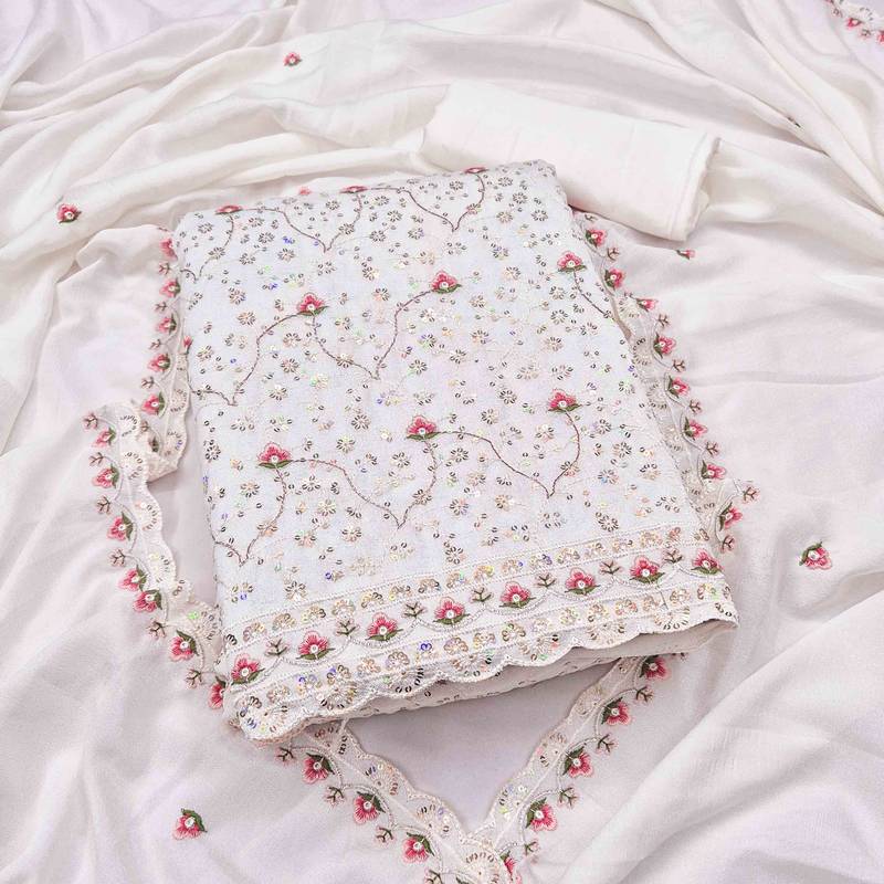 White silk embroidered unstitched dressmaterials 3 pair top bottom dupptaa