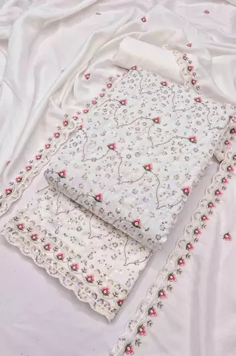 white silk blend embroidered unstitched dressmaterials 3 pair top bottom dupptaa