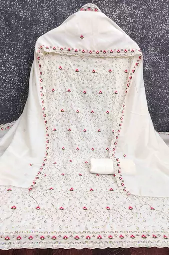 white silk blend embroidered unstitched dressmaterials 3 pair top bottom dupptaa