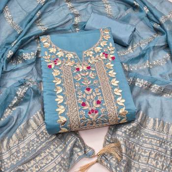 Blue silk  embroidered unstitched dressmaterials 3 pair top bottom dupptaa 1