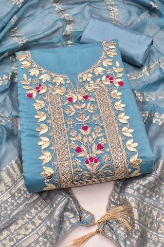 blue silk blend embroidered unstitched dressmaterials 3 pair top bottom dupptaa
