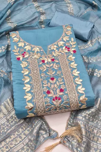 blue silk blend embroidered unstitched dressmaterials 3 pair top bottom dupptaa