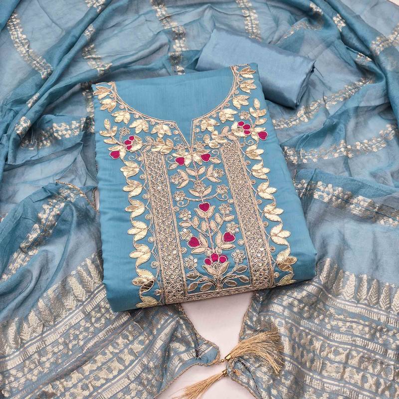 Blue silk  embroidered unstitched dressmaterials 3 pair top bottom dupptaa