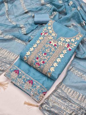 Blue silk  embroidered unstitched dressmaterials 3 pair top bottom dupptaa 2