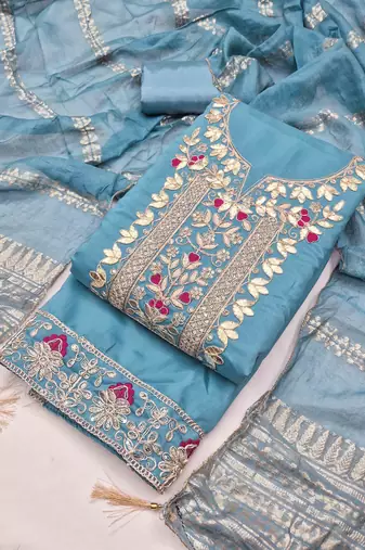 blue silk blend embroidered unstitched dressmaterials 3 pair top bottom dupptaa