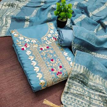 Blue silk  embroidered unstitched dressmaterials 3 pair top bottom dupptaa 3