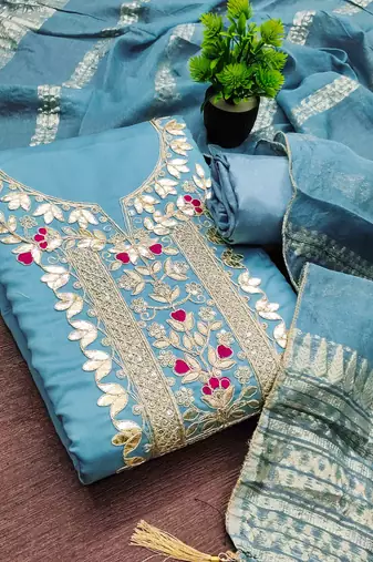 blue silk blend embroidered unstitched dressmaterials 3 pair top bottom dupptaa