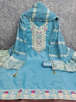 Blue silk  embroidered unstitched dressmaterials 3 pair top bottom dupptaa 4