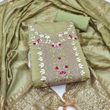 Green silk  embroidered unstitched dressmaterials 3 pair top bottom dupptaa 1