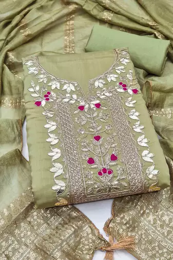 green silk blend embroidered unstitched dressmaterials 3 pair top bottom dupptaa