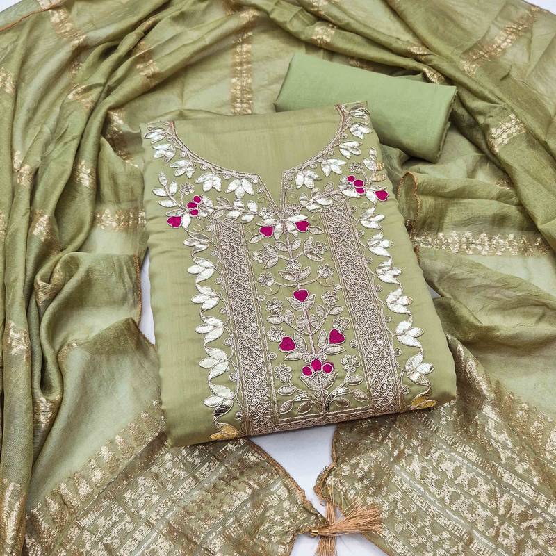 Green silk  embroidered unstitched dressmaterials 3 pair top bottom dupptaa