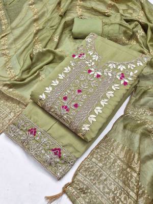 Green silk  embroidered unstitched dressmaterials 3 pair top bottom dupptaa 2