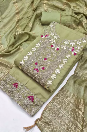 green silk blend embroidered unstitched dressmaterials 3 pair top bottom dupptaa