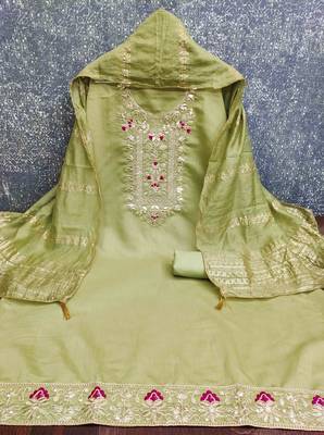 Green silk  embroidered unstitched dressmaterials 3 pair top bottom dupptaa 4