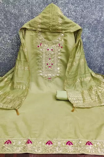 green silk blend embroidered unstitched dressmaterials 3 pair top bottom dupptaa