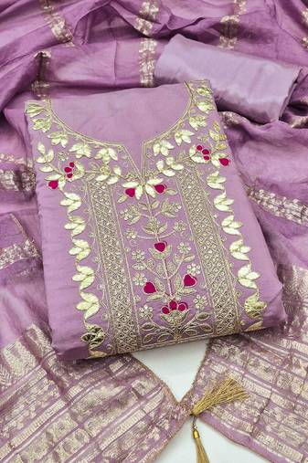 Lavender silk embroidered unstitched dressmaterials 3 pair top bottom dupptaa