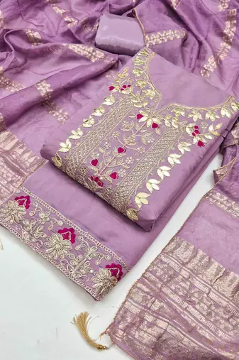 lavender silk blend embroidered unstitched dressmaterials 3 pair top bottom dupptaa